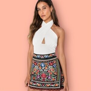 LuLu’s Don't Stop the Party Black Colorful Embroidered Floral Mini Skirt